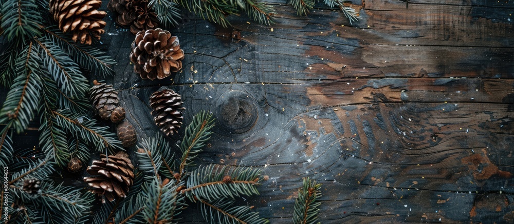 Poster A festive scene with pine branches, fir cones on rustic wood. View from above with space for text or image. with copy space image. Place for adding text or design