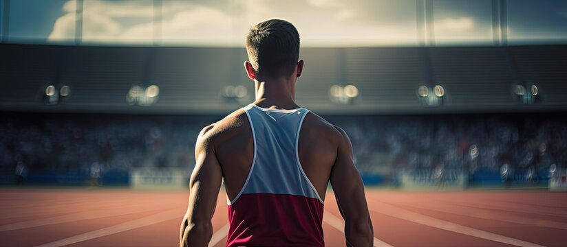 A high school track runner seen from behind is poised at the starting line, ready to sprint down the track, with a detailed close-up view capturing the moment with copy space image.