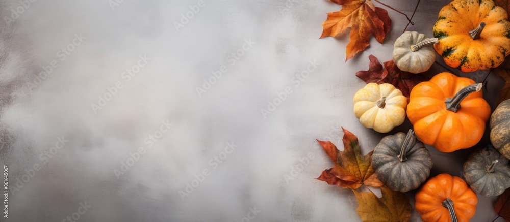 Poster fall-themed arrangement of pumpkins and dried leaves on a soft gray backdrop. perfect for autumn, ha