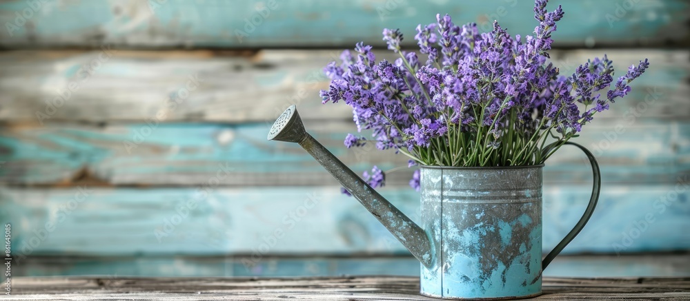 Aufkleber a watering can filled with lavender flowers displayed on a wooden surface, providing ample space for