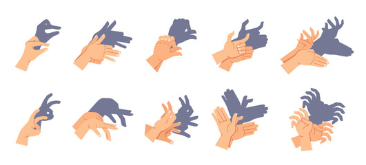 Set Of Hands Creating Various Shadow Puppet Shapes Resembling Animals. Vector Imaginative Silhouettes