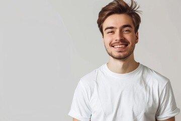 Fototapeta premium Portrait of a young handsome man in white t shirt on white background