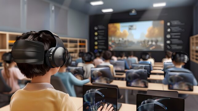 Virtual classroom environment with immersive learning children explore virtual reality with VR headsets in a modern classroom