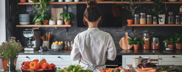 Teacher Hosting Virtual Cooking Class for Students Joining Remotely Distance Learning Concept