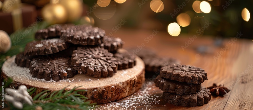 Aufkleber Chocolate Christmas Cookies displayed with festive decoration and a fir tree in the background in an isolated setting, perfect for a copy space image.