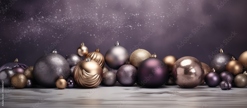 Poster a festive holiday backdrop featuring shimmering bronze, deep purple, and cool gray ornaments on a te