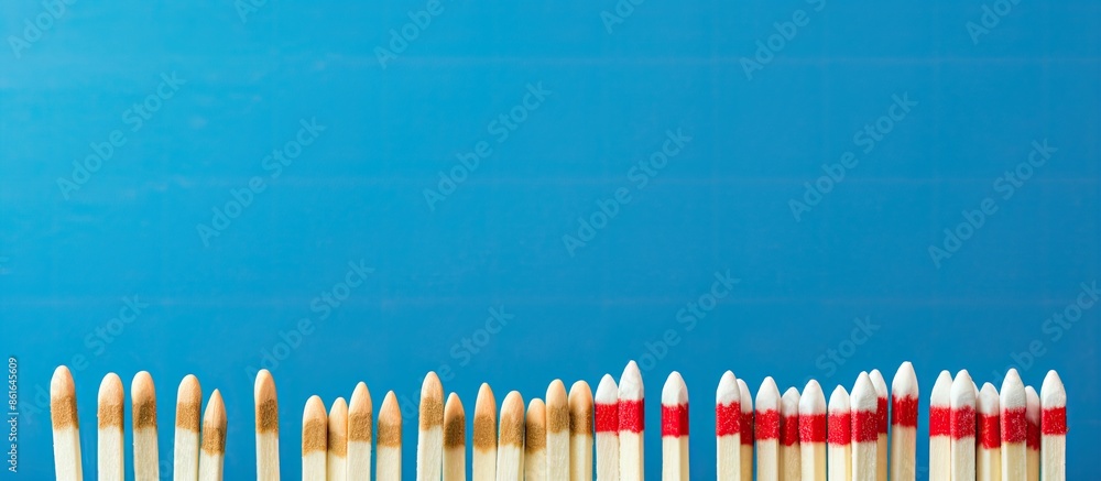 Poster Close-up view of various new matchsticks on a blue background with copy space image.