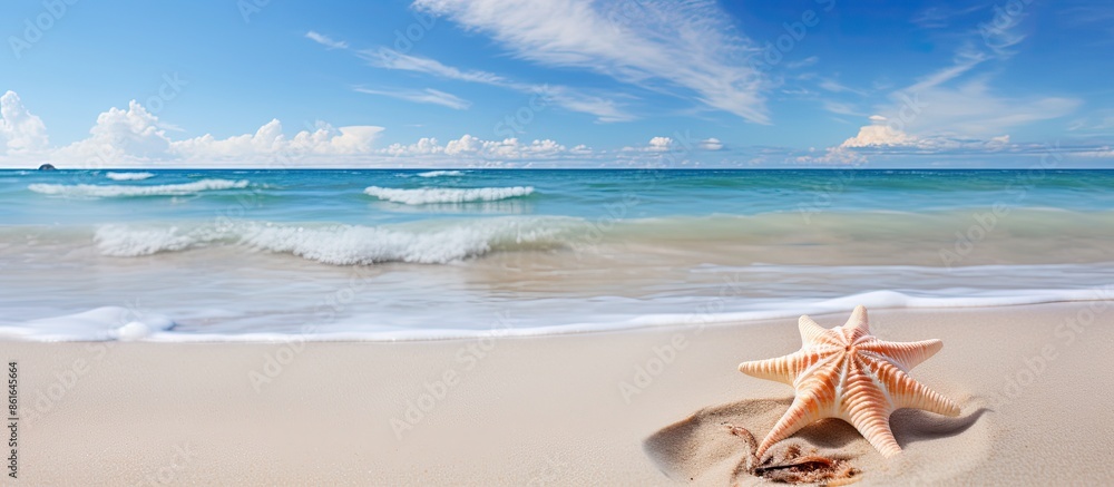 Aufkleber Sandy tropical beach scene with seashell and starfish for text on the side, featuring a wide-angle view and a designated copy space image.