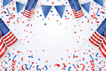 Obraz premium Celebrate Presidents Day with a patriotic banner mockup featuring American flags, confetti, and ribbons. Perfect for USA holidays and election-themed designs