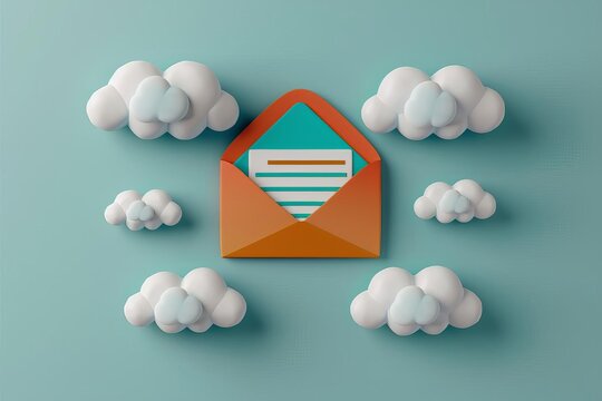 Envelope with letter surrounded by clouds on blue background. Concept of communication, email, and cloud message.