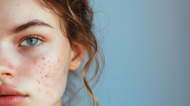 A close-up portrait of a young woman with acne on her face. Her blue eyes are visible, and she appears to be looking directly at the camera. Generative AI