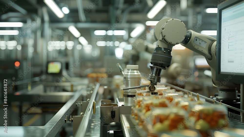 Poster robotic arm sorting products on an assembly line
