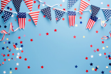 Obraz premium Celebrate Presidents Day with a patriotic banner mockup featuring American flags, confetti, and ribbons. Perfect for USA holidays and election-themed designs
