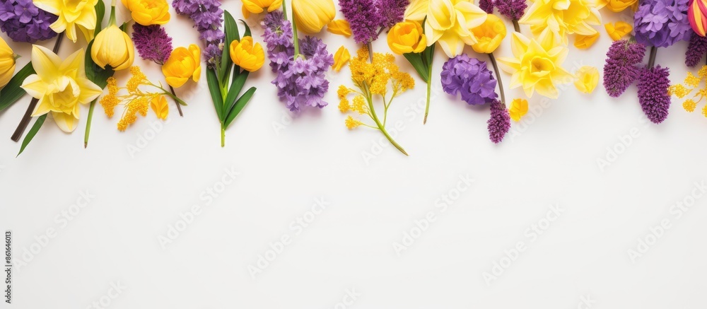 Poster an arrangement of yellow and purple flowers on a clean white backdrop, symbolizing spring and easter