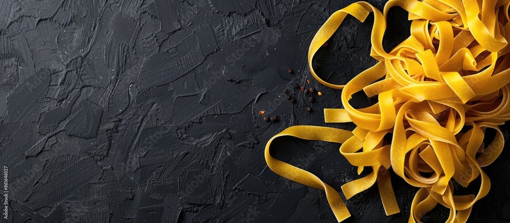 Poster Image shows uncooked Italian tagliatelle pasta on a black background with space for text. with copy space image. Place for adding text or design