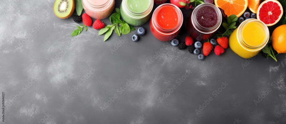 Poster Top view image of various juices in mason jars, surrounded by fresh ingredients on a grey background with a designated area for text or other content. with copy space image