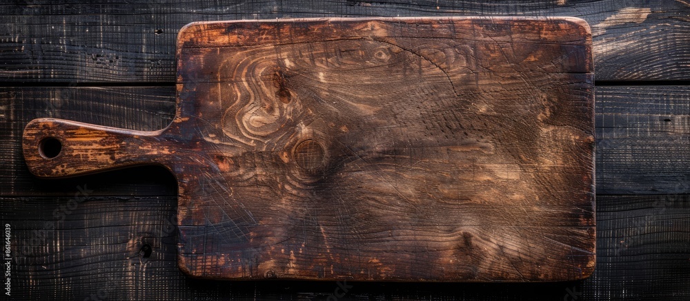 Fototapete top-down view of an aged cutting board on a rustic dark wood surface with room for text or graphics 