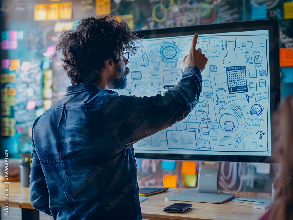 Poster man conducting dynamic online lecture on digital whiteboard for distance learning and education conc