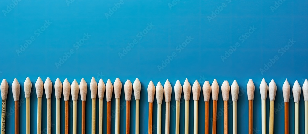 Poster Close-up view of various new matchsticks on a blue background with copy space image.