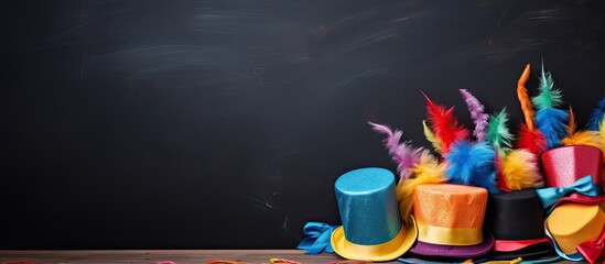 Carnival hats and colorful streamers displayed against a blackboard with copy space image.