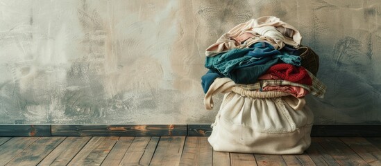 Canvas bag full of clothes on the floor. with copy space image. Place for adding text or design