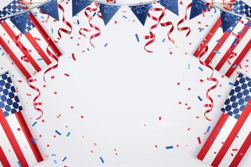 Obraz premium Celebrate Presidents Day with a patriotic banner mockup featuring American flags, confetti, and ribbons. Perfect for USA holidays and election-themed designs