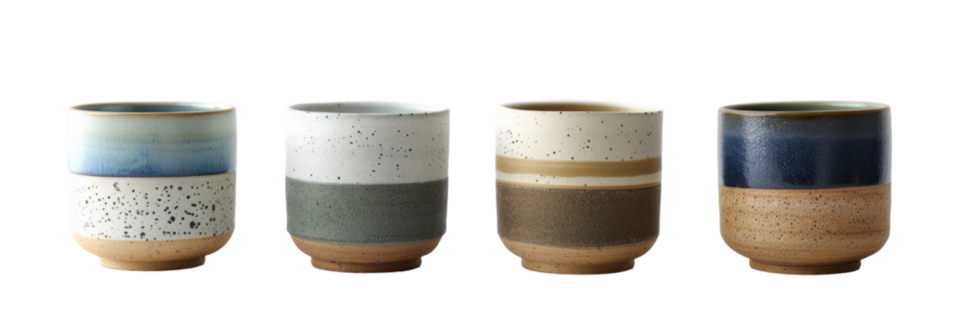 Four Ceramic Cups with Unique Glaze Patterns - Powered by Adobe