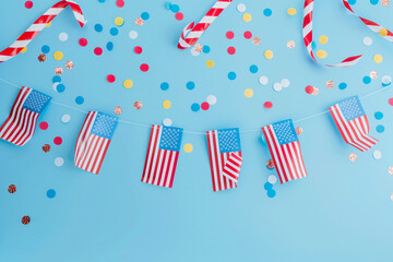 Obraz premium Celebrate Presidents Day with a patriotic banner mockup featuring American flags, confetti, and ribbons. Perfect for USA holidays and election-themed designs