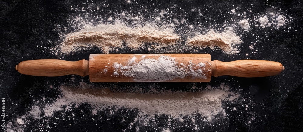 Aufkleber Top view of a rolling pin dusted with flour on a black backdrop, perfect for adding text or visuals, creating a baking-themed copy space image.