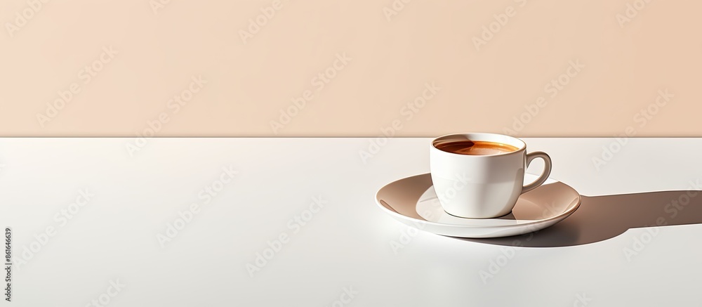 Leinwandbilder in the morning light, a cup of coffee is placed on a white background with a shadow, creating a visu