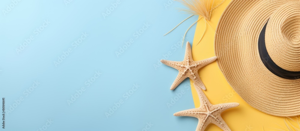 Aufkleber minimal background concept for summer holiday with a flat lay of a straw hat and starfish on a yello