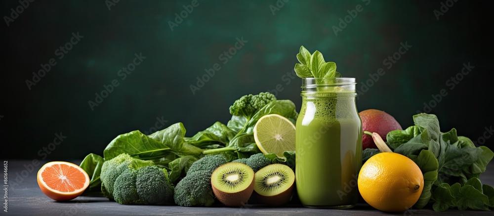 Poster a glass jar filled with a green smoothie surrounded by fresh organic produce on a gray backdrop, emb