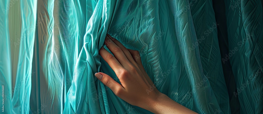 Poster Blue turquoise textured polyester curtains on window, close-up of hand touching curtains. with copy space image. Place for adding text or design