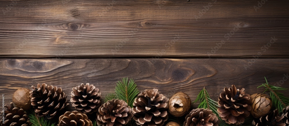 Poster rustic wooden christmas background adorned with pine cones, offering ample copy space for images.