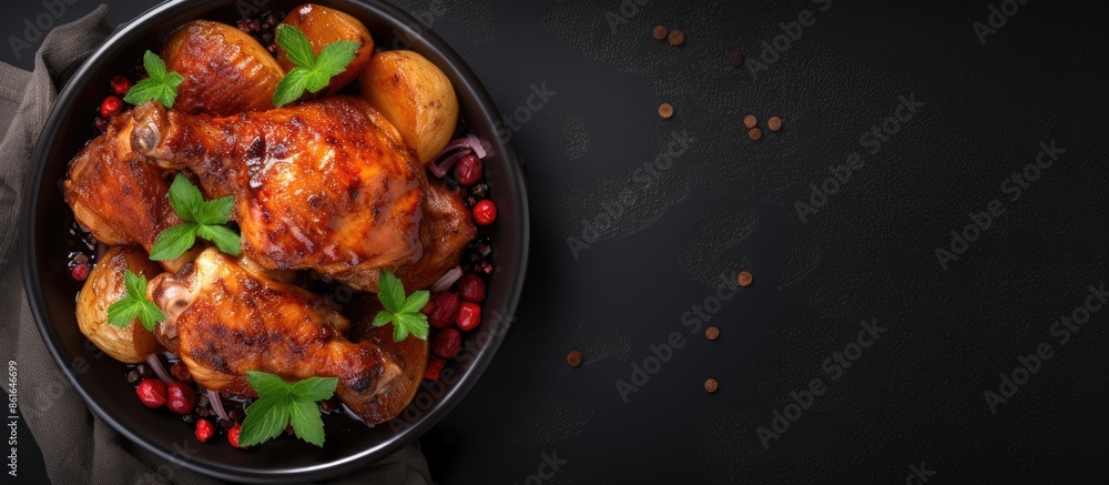 Poster top view of a gray ceramic mold filled with roasted chicken in pomegranate sauce and potatoes on a d