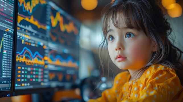 Photorealistic image of a young girl intently looking at multiple computer monitors displaying financial data and stock market charts. The scene captures the essence of technology, education.