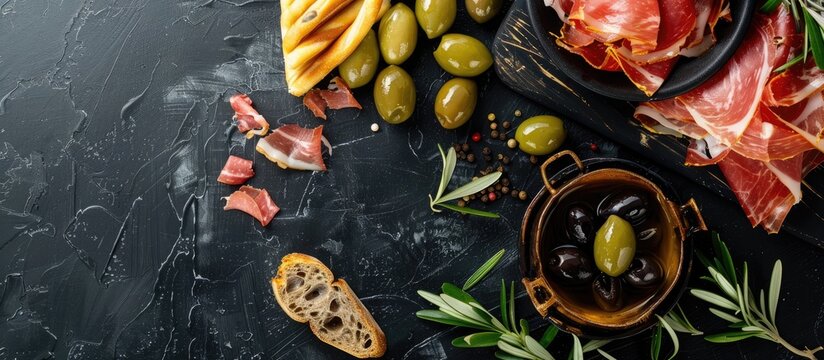 Top view of Spanish serrano ham, olives, and breadstick on a black background, with available copy space for text or images.