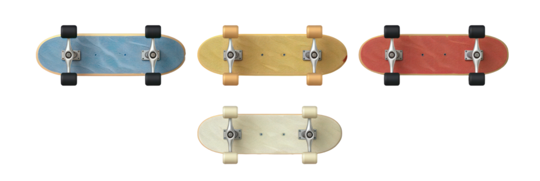 Collection of Skateboards with Different Color Decks