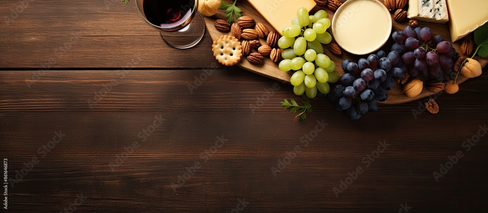 Leinwandbilder Top-down view of wine, grapes, nuts, and cheese with room for your text in the image. with copy space image. Place for adding text or design