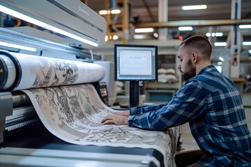 Man Operating a Large Format Digital Printer in a Factory