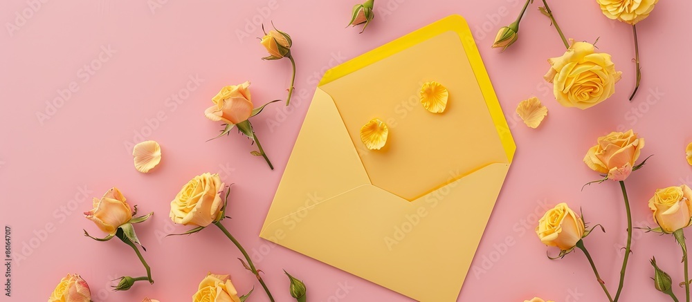 Aufkleber mockup of an invitation or greeting card featuring a yellow envelope, a blank card adorned with smal