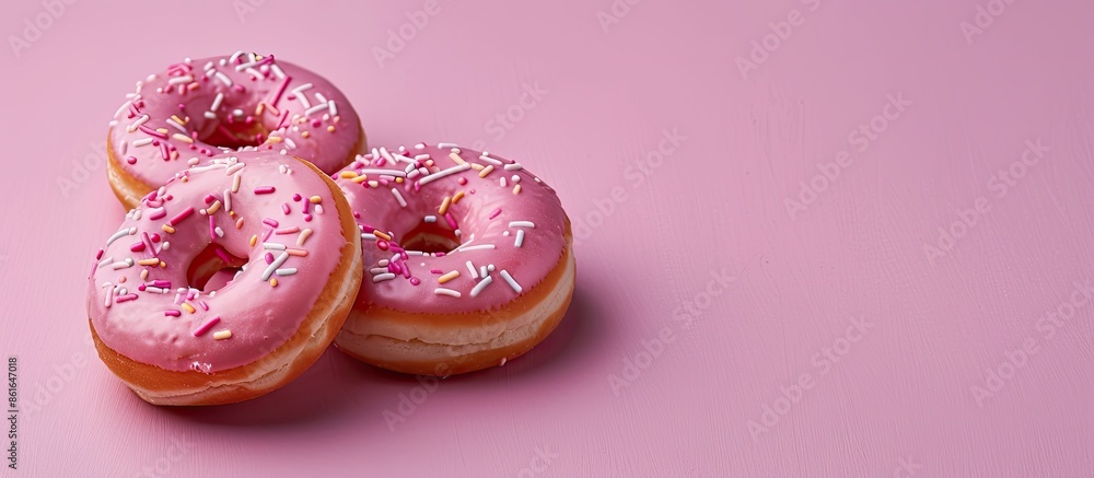 Leinwandbilder Two donuts displayed on a pink background with space for text or graphics to be added; ideal for creative use as a copy space image.