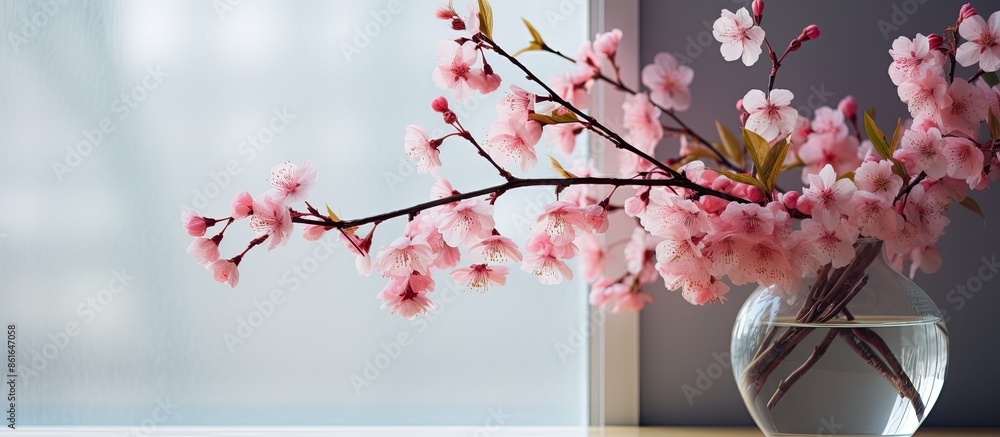 Poster Close-up of pink blooming branches in a glass vase in front of a window with copy space image.