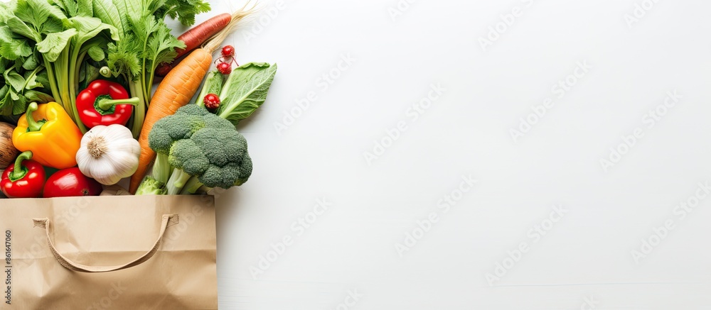 Poster fresh vegan and vegetarian produce in a paper bag, displayed against a white background with ample s