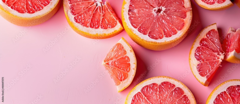 Fototapete Grapefruit slices arranged on a pink backdrop with copy space image.