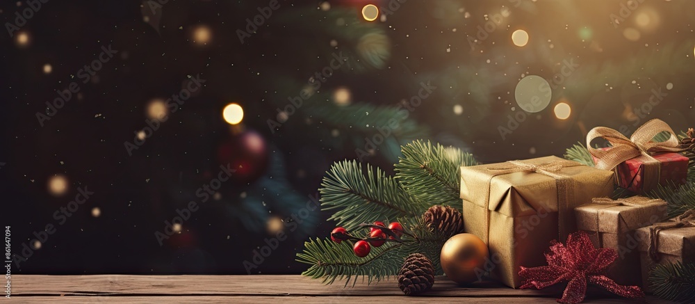 Poster Christmas-themed items such as festive gift boxes and a branch of a fir tree displayed on a rustic wooden table, creating a festive holiday background with a designated area for adding text or