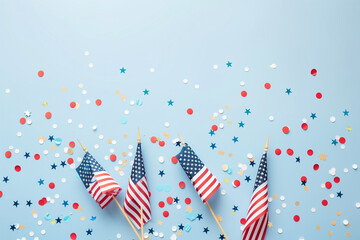 Obraz premium Celebrate Presidents Day with a patriotic banner mockup featuring American flags, confetti, and ribbons. Perfect for USA holidays and election-themed designs