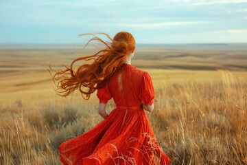 Obraz premium A woman wearing a bright red dress walks across a lush green field, surrounded by nature