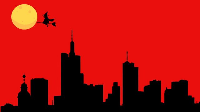 A female witch flying over the city on a broomstick 