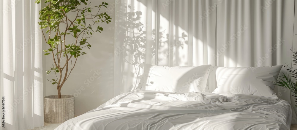 Poster stylish white bedroom with a white bed ,vintage. with copy space image. place for adding text or des